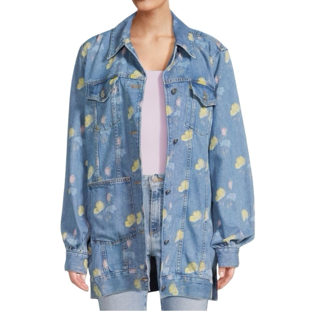 GANNI Oversized Floral Cotton Denim Jacket XS